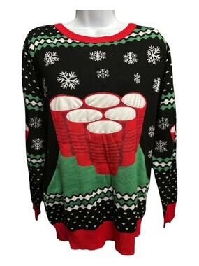 Tipsy Elves Women Large Sweater Beer Pong Game Black Red Ugly Funny Christmas